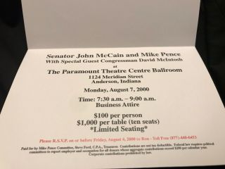 Sen.  John McCain Signed Mike Pence For Congress Invitation Autograph 5