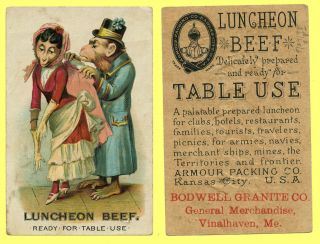 1880s Trade Card,  Vinalhaven Maine Bodwell Granite Store,  Armour Lunch Beef