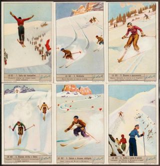 Liebig S - 1422 " Skiing Ii " Full Set Of 6 Vintage Trade Cards 1940 Italian