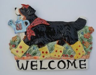 Bernese Mountain Dog.  Handsculpted Whimsical Ceramic Welcome Sign.  Ooak.  Look
