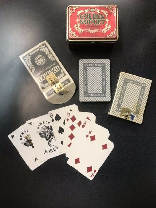 Golden Nugget Casino Las Vegas 2 Deck Playing Cards & Tin,  Green/Gold/Red 8