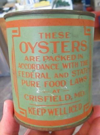 Vintage one pint oyster tin can advertising CHESSCO salt water CRISFIELD MD 3