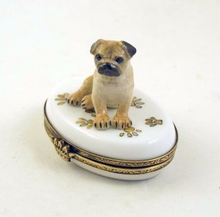 French Limoges Trinket Box Cute Pug Dog Puppy On Dog Paw Prints
