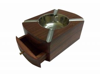 Wooden Ash Tray Hand Made Brown With Mini Utility Drawer