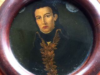 Early 19th Century Reverse Portrait Painting Of Military Gentleman Velvet Frame
