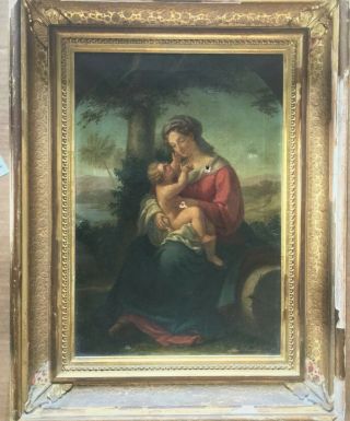 Antique Oil Painting::correggio Follower::madonna & Child::handwoven Canvas