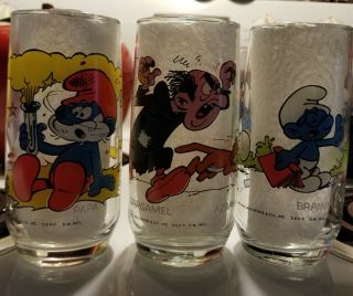 Vintage 1982 Set Of 3 Smurf Glasses " Papa Smurf,  Gargamel W/ Azreal & Brainy "