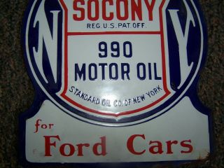 SOCONY PORCELAIN DOUBLE SIDED SIGN 990 MOTOR OIL 1930 3