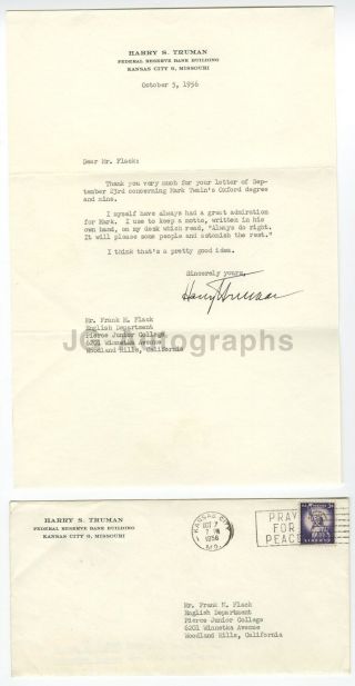 Harry S.  Truman - 33rd President Of The United States - Autographed Letter,  1956