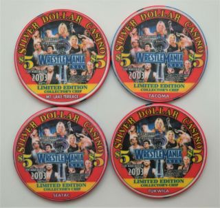 Set Of 4 Silver Dollar Casino Chips Seatac Washington Chipco.  Wrestlemania