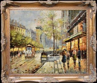 1949 Paris Street Scene Large Size Oil Painting,  Wood Frame