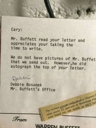 1990 ' s WARREN BUFFETT Hand Signed Autograph w/ Letter From Personal Secretary 8
