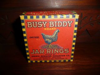 Rare Vintage Busy Biddy Brand Jar Rings Box Chicken Graphics Allentown Easton Pa