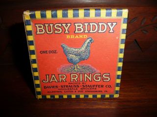 RARE VINTAGE BUSY BIDDY BRAND JAR RINGS BOX CHICKEN GRAPHICS ALLENTOWN EASTON PA 5