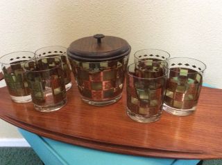 Mid Century Vintage Glass Ice Bucket & 6 Glasses Green W/ 22kt Gold Accents
