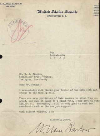W.  Warren Barbour - Typed Letter Signed 05/17/1935