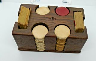 Vintage Poker Set With Wooden Holder & Bakelite Chips