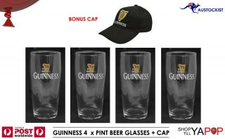 Guinness 4 X Beer Pint Glasses Short 500ml,  Emboidered Cap Man Cave Dublin