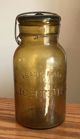 Antique 1882 Trade Mark Lightning Amber Glass Fruit Jar Putnam 397