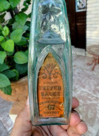 OPEN PONTIL Cathedral Pepper Sauce & Label mid 1800’s 3