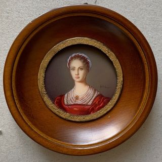 Antique 19th Century Miniature Portrait Of Woman Noblewoman Signed Hil
