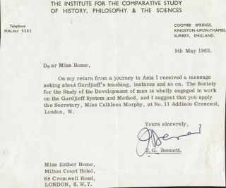 J.  G.  Bennett - Typed Letter Signed 05/09/1962
