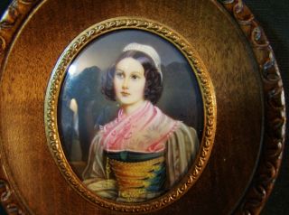 Antique French Miniature Portrait Painting Woman Oval Frame Signed