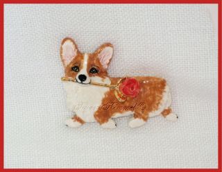 Susan Kimmel Corgi Jewelry - " A Red And Golden Rose For You " Lapel Pin Ooak