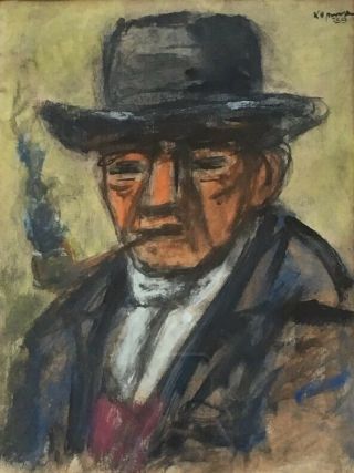 1958 Modernist Portrait Gouache Painting By Listed Artist Benjamin Kopman