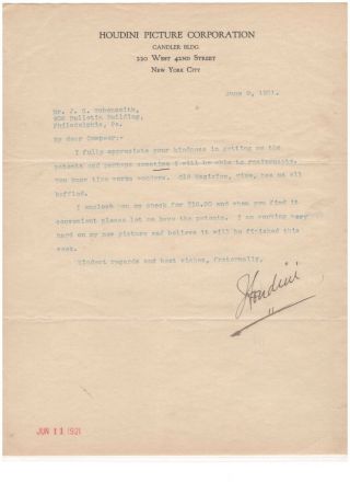 Harry Houdini Signed Autographed Letter On Houdini Picture Corp Letterhead 1921