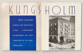 Kungsholm Hotel,  Chicago Advertising Booklet.  Great Photos - Text,  Menu.  C1940 