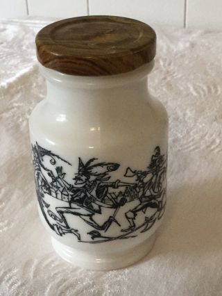 Grimm’s Fairytale Bremen Town Musicians Painted On White Jar.  Possibly Milk Glas