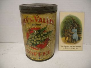 Antique Advertising,  " Lily Of The Valley " Coffee Tin,  & 1914 Post Card