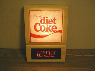 Vintage 1983 Enjoy Diet Coke Lighted Plastic Wall Sign W/ Digital Clock,