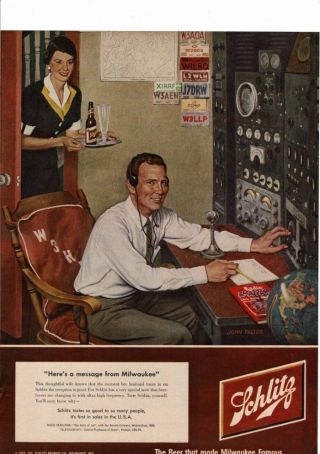 Vintage 1952 Schlitz Beer Two - Way Radio Man Dj Wife License Plate Ad Print A264