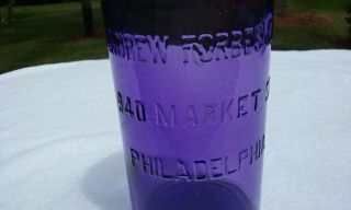 ANTIQUE AMETHYST 1800 ' S ANDREW FORBES 940 MARKET ST.  WHISKEY BOTTLE NEARLY 11 