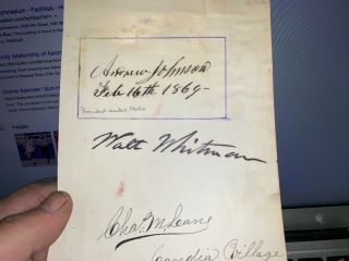 Poet Walt Whitman & President Andrew Johnson Autographs On Same Page 1869 7x4.  7