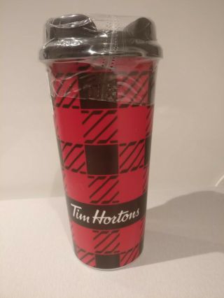 Tim Hortons Coffee Travel Cup 16oz Reusable Plastic Hipster Red Plaid 2018