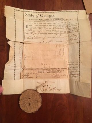 Rare 1794 Georgia Land Grant Signed Governor George Mathews,  Revolutionary War