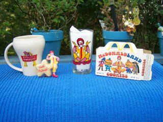 4 Piece Vintage Ronald Mcdonald Items Cup Glass Figure Cookies Box