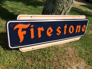 " Firestone " Large Embossed Metal Dealer Sign (dated 1947),  48 " X 16 ",