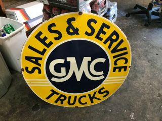" Gmc Trucks Sales & Service " Heavy Porcelain Dealer Sign,  (30 " Inch Round)