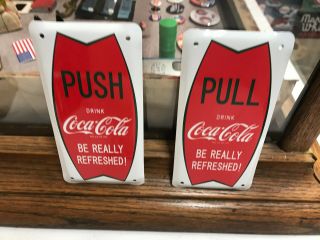 " Coca Cola Fishtail " Metal Door Push/pull Advertising Signs,  (6 " X 3 ") Set Of 2