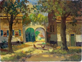 Vintage Oil Painting Of House And Chickens
