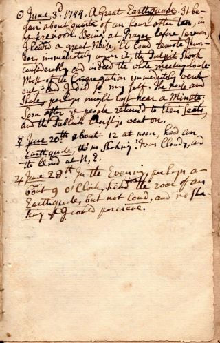 1744,  Diary Of Rev.  Daniel Lewis,  Pembroke,  Mass; Great Earthquake,  Pulpit Shook