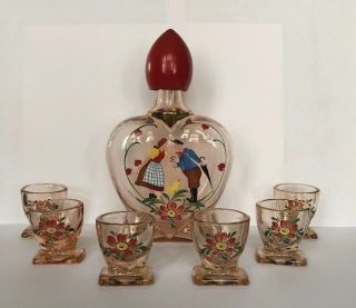 Antique Hand Painted Glass Cordial Liquor Decanter With 6 Shot Glasses