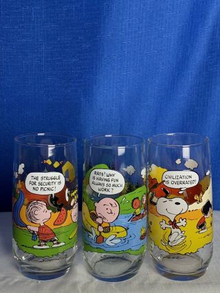 Set Of 3 - Vintage Peanuts Mcdonalds Glasses - Charlie Brown Camp Snoopy Schultz