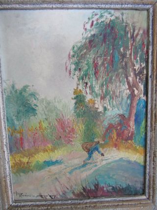 Tony Ximenez,  Mexico 1950 Framed Oil On Board Man Walking By Tree