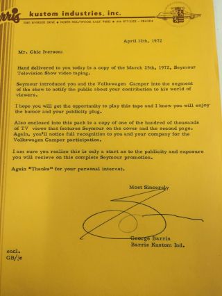 George Barris Letter Signed Autograph With Pictures Of Custom Car For Seymour