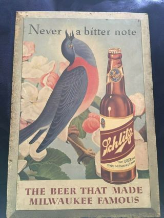 Schlitz Beer Sign: Beveled Tin Litho Over Cardboard.  Never A Bitter Note.